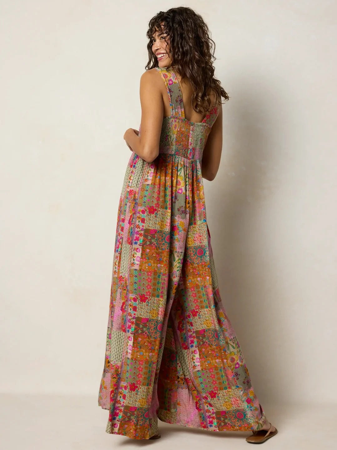 Retro Patchwork Wide-Leg Stretch Suspender Jumpsuit