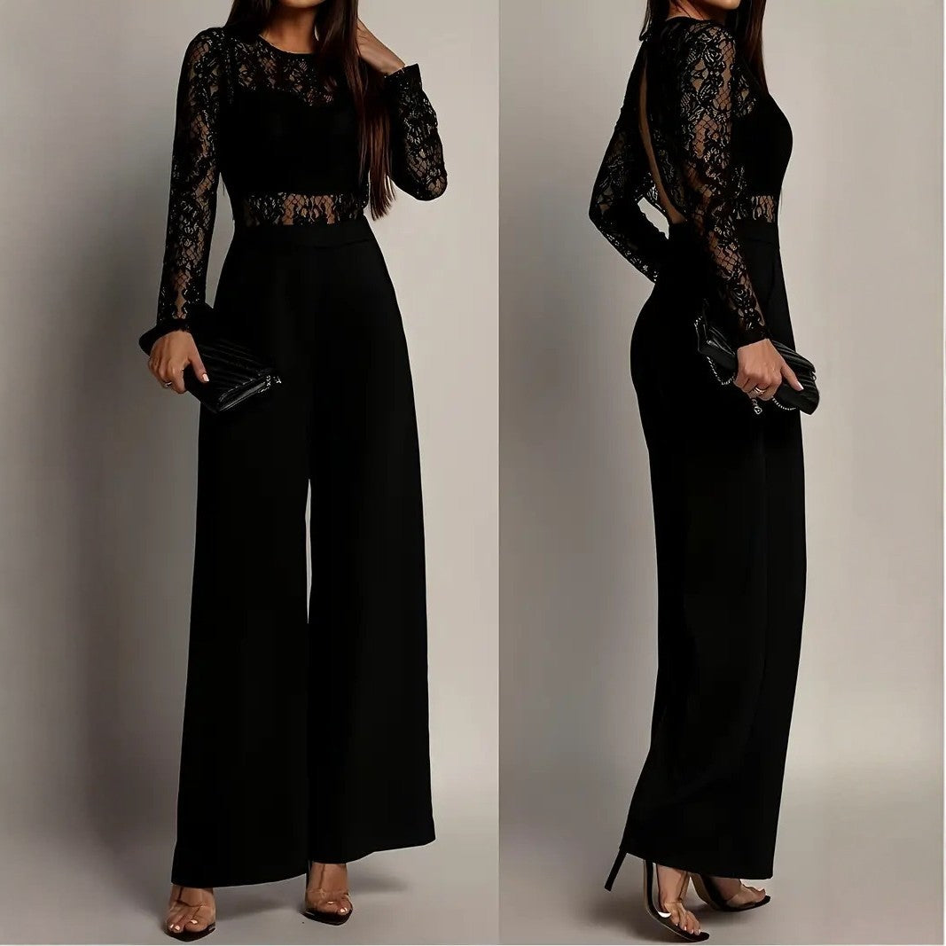 Womens Lace-Panel Long-Sleeve Wide-Leg Jumpsuit