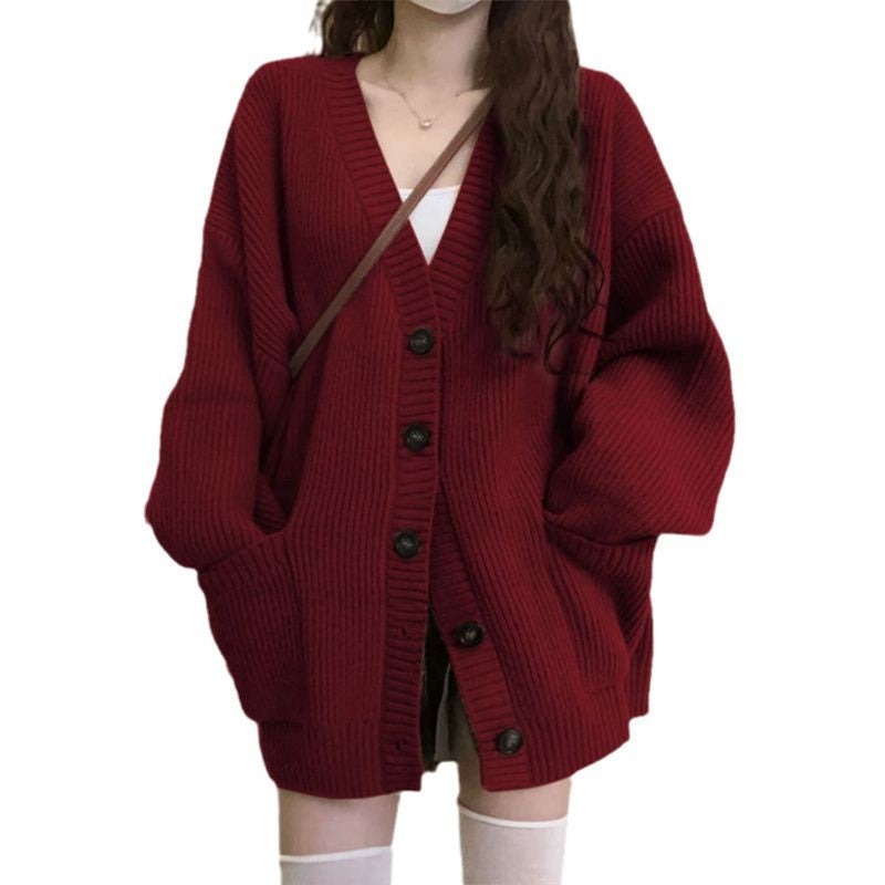 Womens Solid-color Loose-fit Korean-style Knitted Sweater