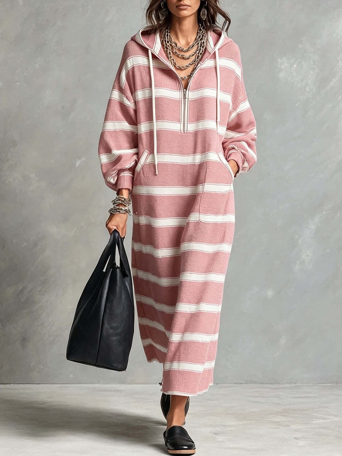 Women's Half-Zip Loose Printed Hoodie Dress