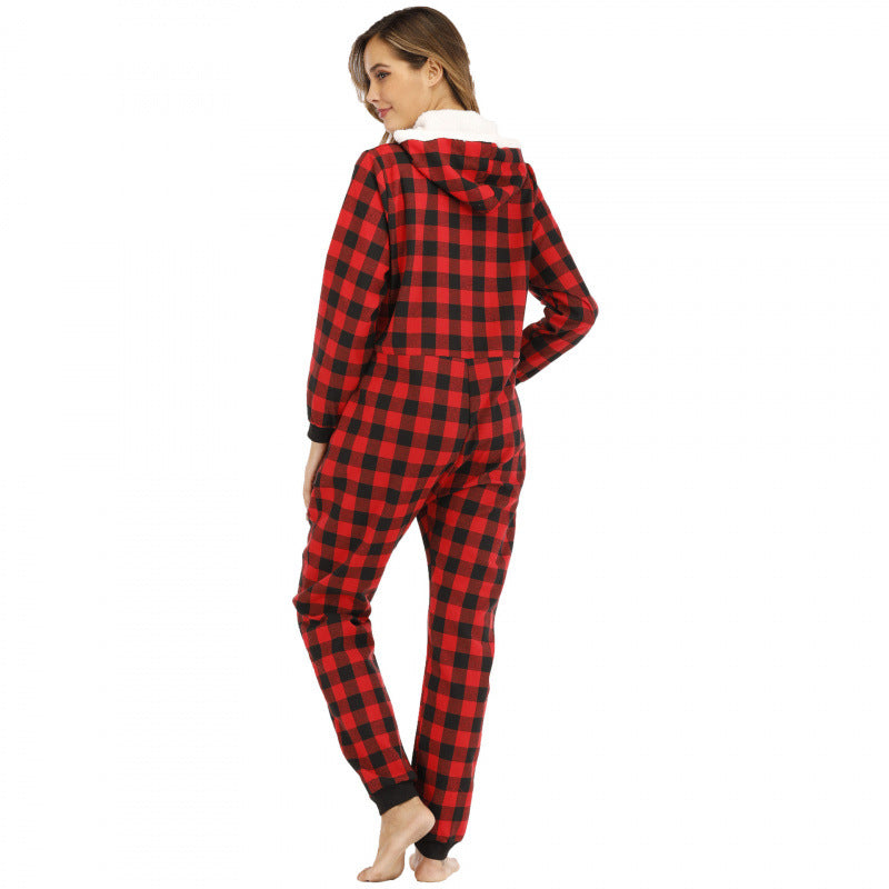 Women's Plaid Hooded Cotton Jumpsuit Casual Romper