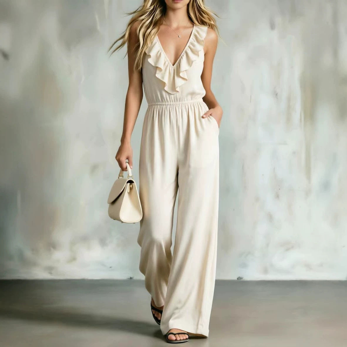 Chic V-Neck Ruffled Wide-Leg Elegant Jumpsuit