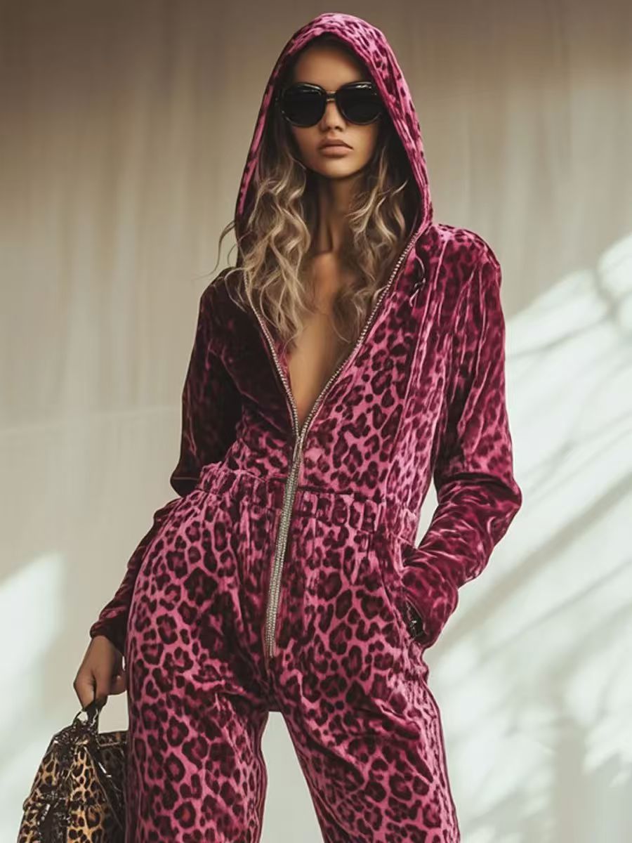 Leopard Print Hooded Long Sleeve Jumpsuit