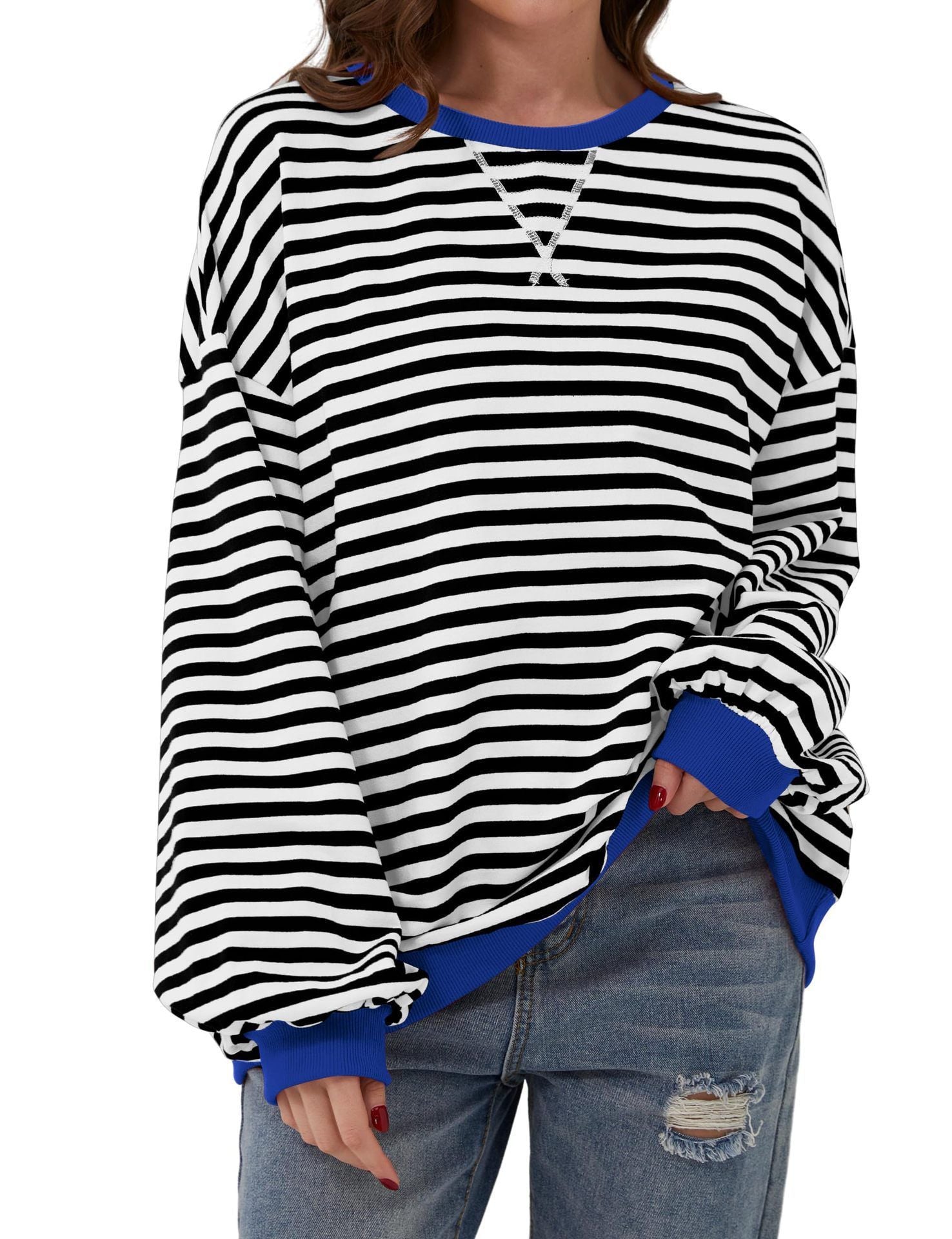 Casual Striped Round Neck Long Sleeve Slim Pullover Top