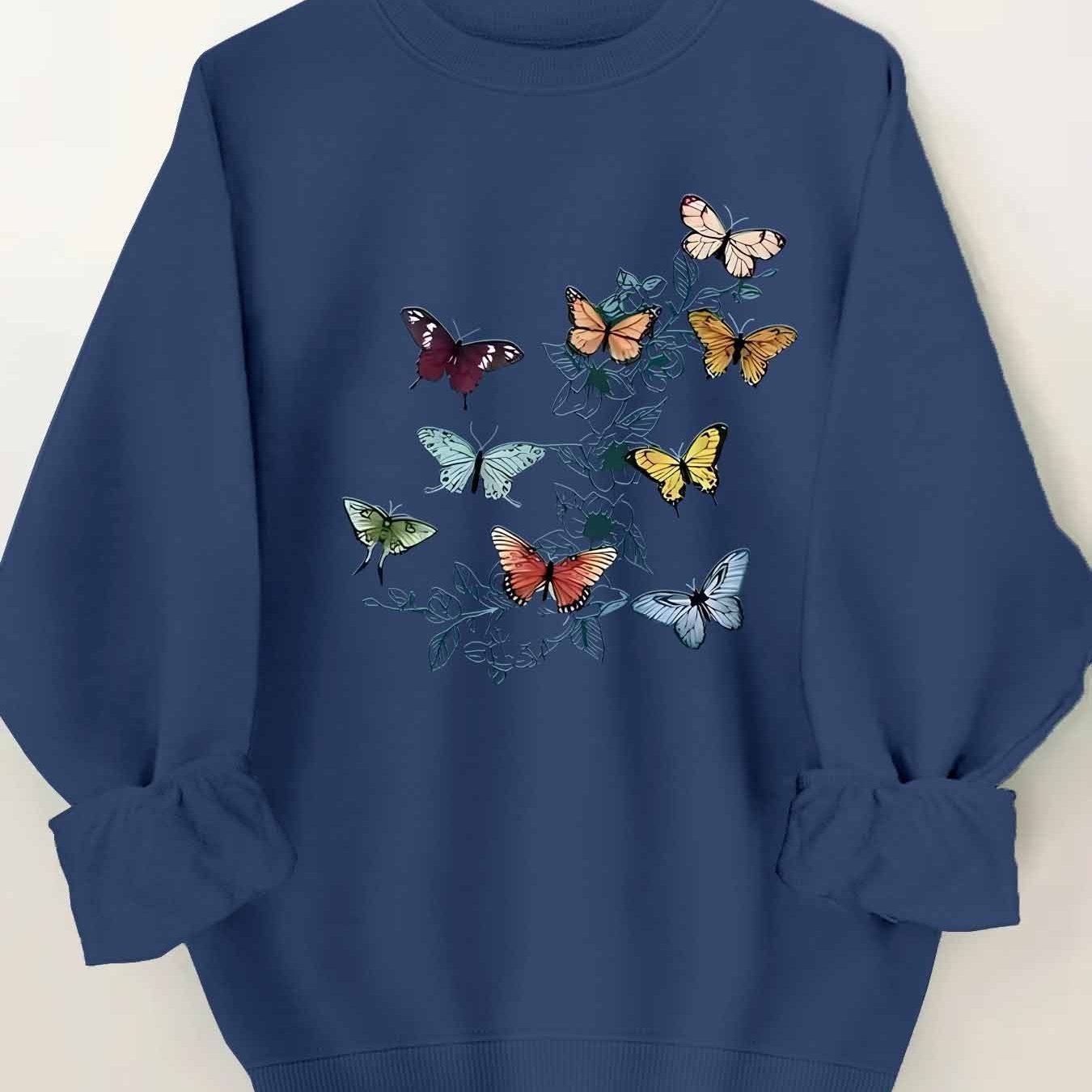 Women's Plus Size Butterfly Print Round Neck Sweatshirt – Size S