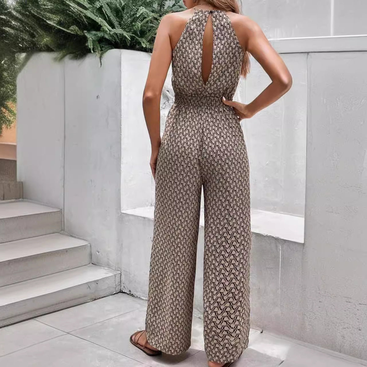 Chic Geometric Leopard Print Sleeveless Wide-Leg Jumpsuit