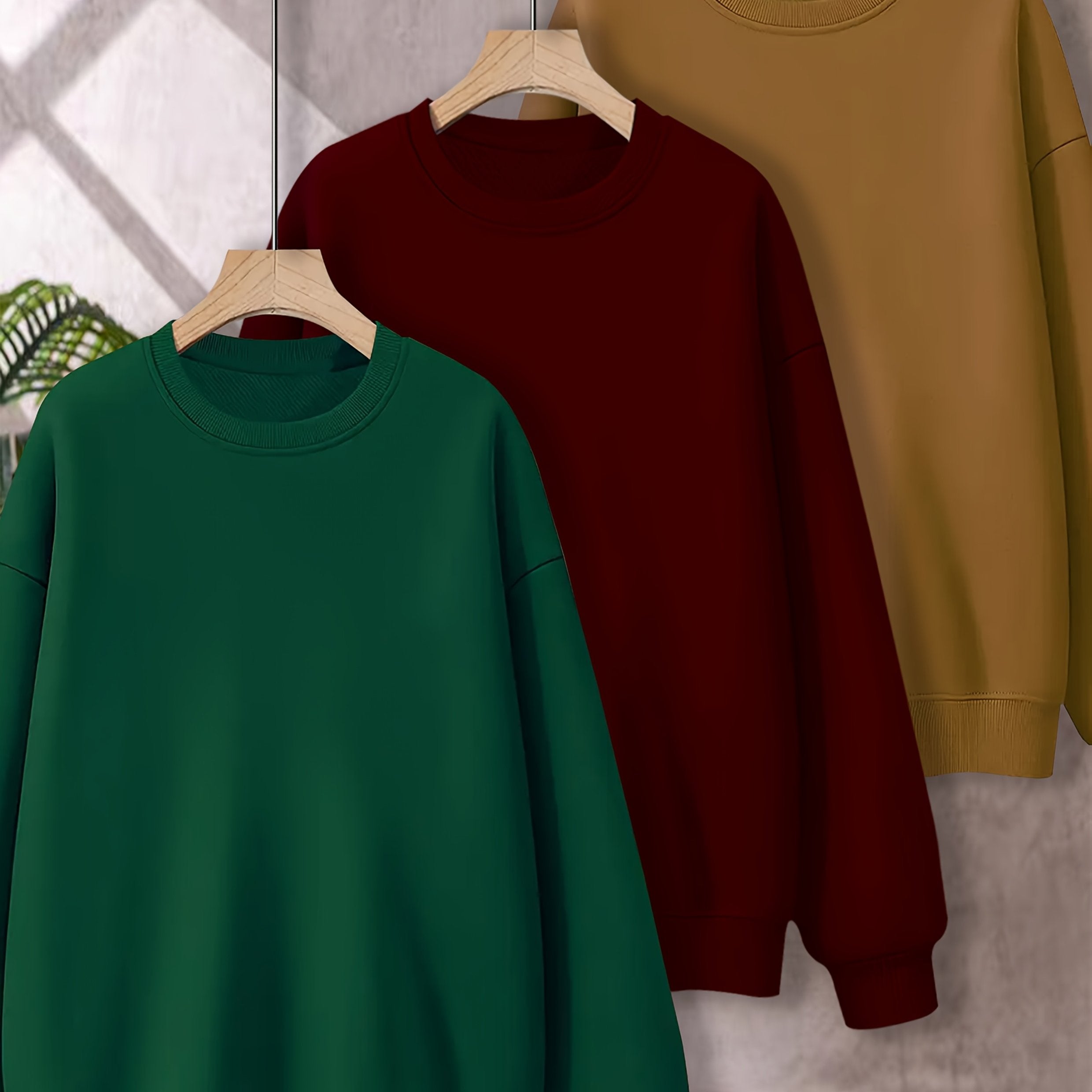 Plus Size 3‑Piece Sweatshirt Set – Women's Casual Crew Neck, Solid Color