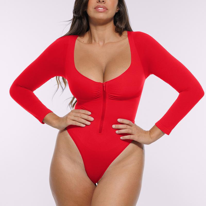 Women's Solid Color Long-Sleeve Half-Zip Shaping Jumpsuit