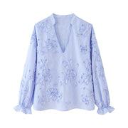 Textured Striped Plate Floral Poplin Long Sleeve Shirt