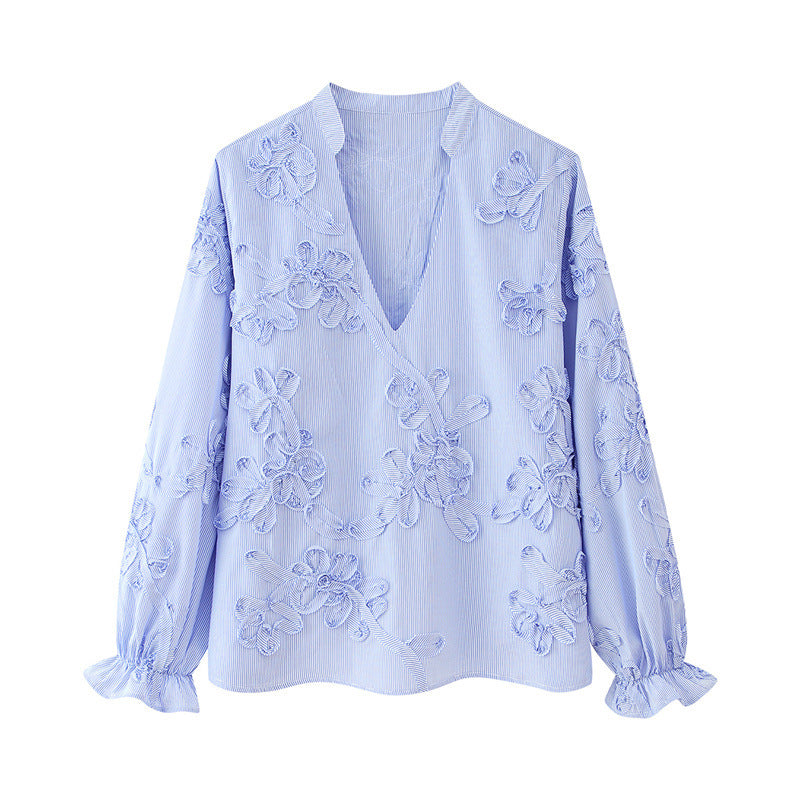 Textured Striped Plate Floral Poplin Long Sleeve Shirt