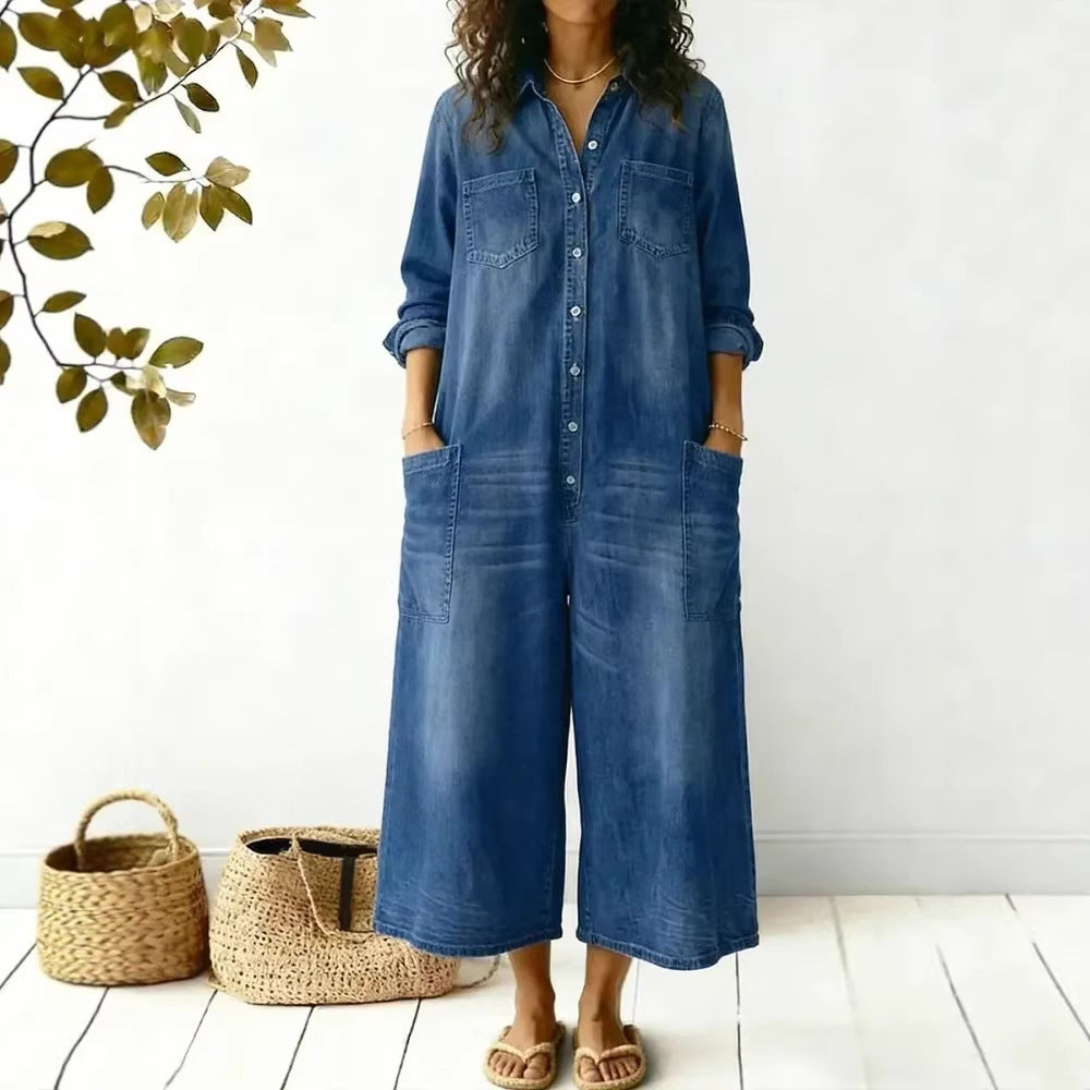 Women's Casual Denim Shirt Jumpsuit with Pockets