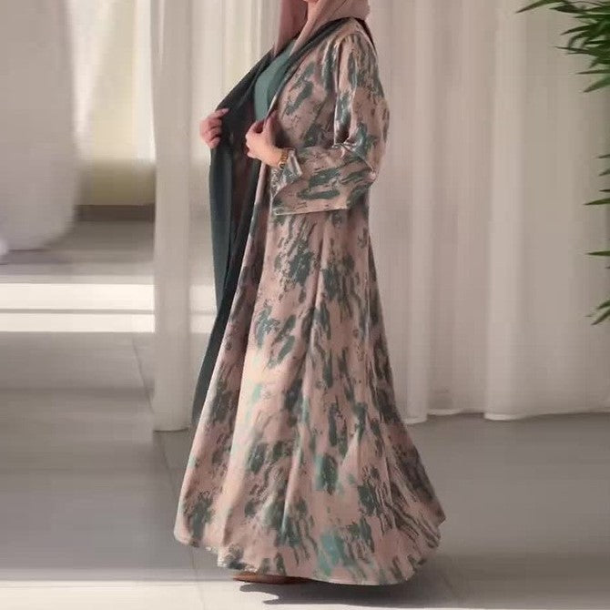 Long Printed Cardigan and Green Minimalist Skirt Set