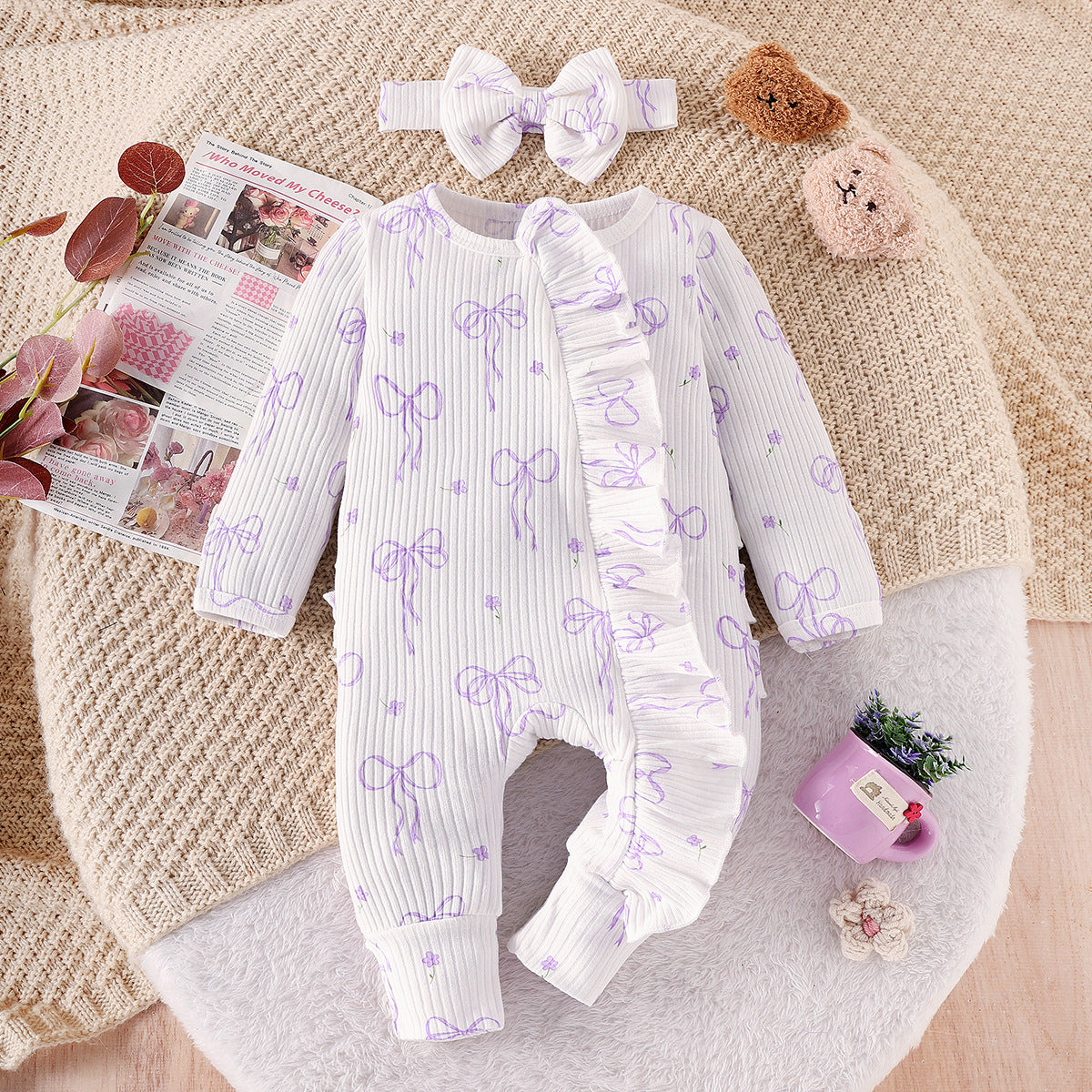 Baby Girl Cute Bowknot Long Sleeve Jumpsuit & Pants Set