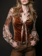Vintage Velvet Ribbon Shirt, Court-style Printed See-through Long-sleeve Waist-cinched Women's Top