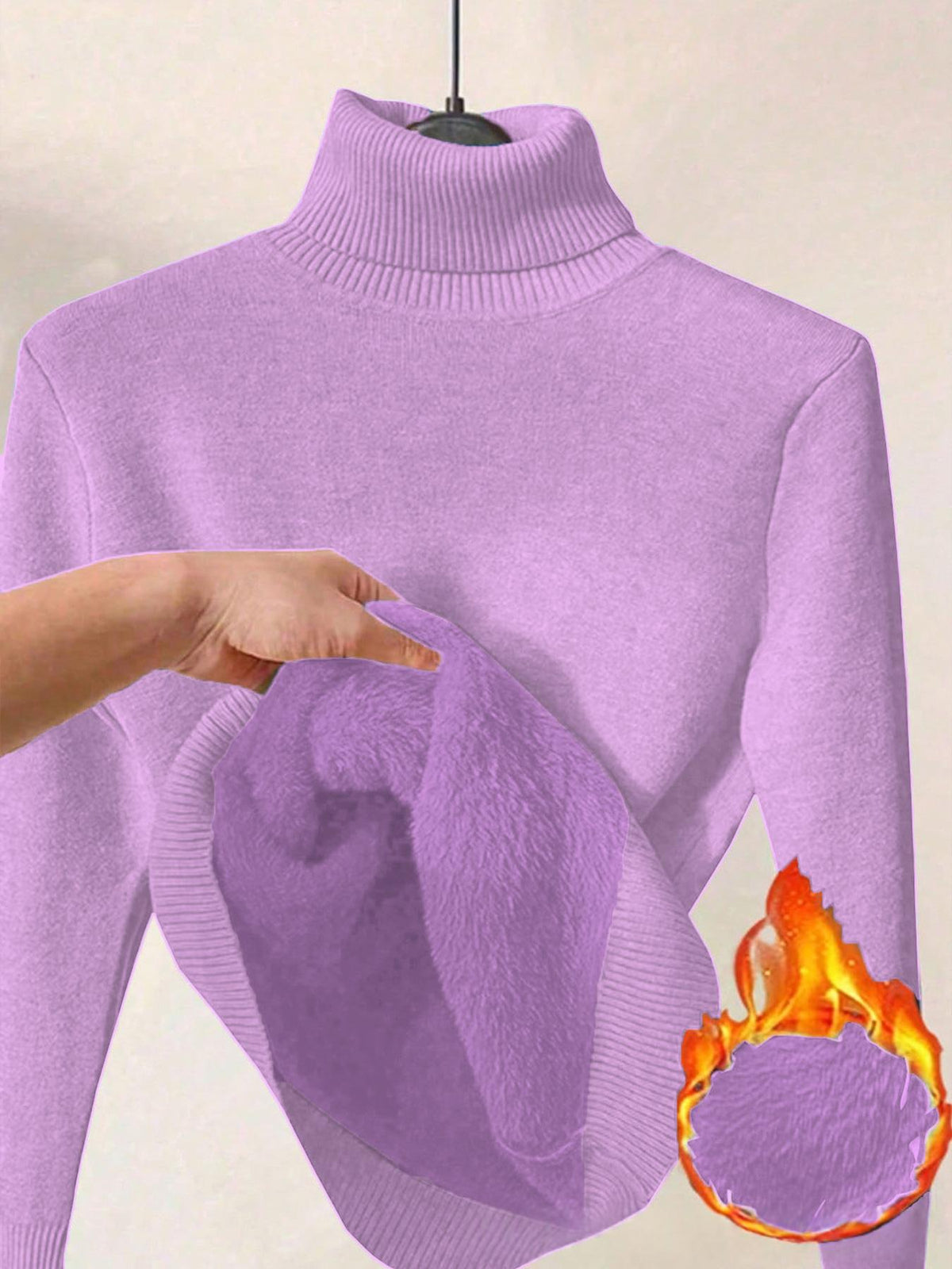 Womens Solid-color Thermal Turtleneck Fleece-lined Sweater