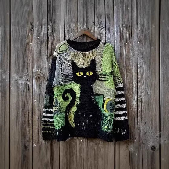Retro Quirky Loose-fitting Crew-neck Pullover Sweater for Fall and Winter
