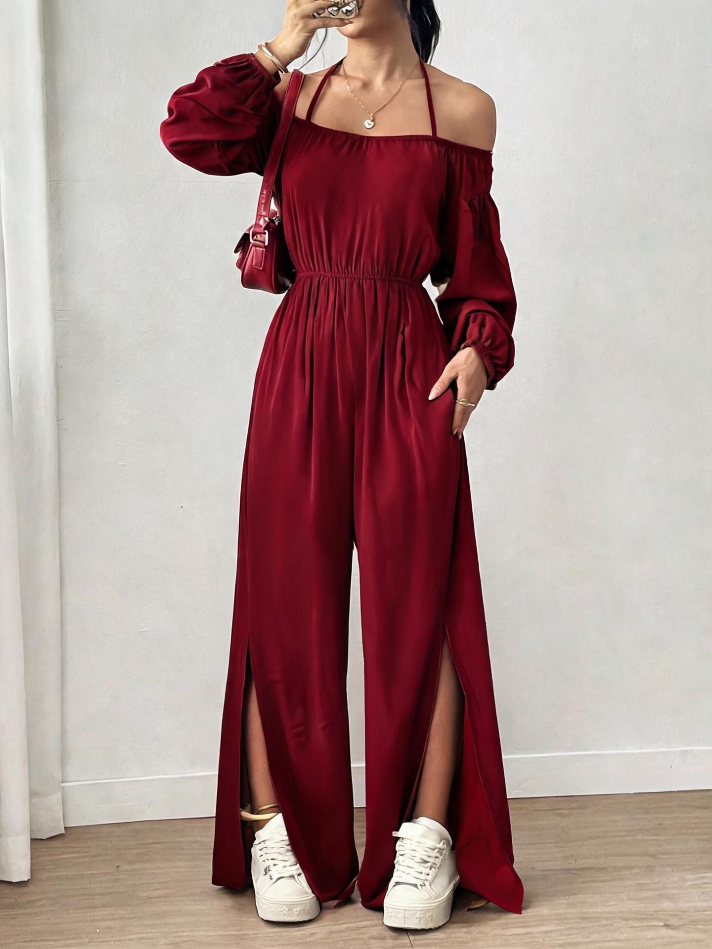 Women's Casual Strapless Slit Wide-Leg Jumpsuit