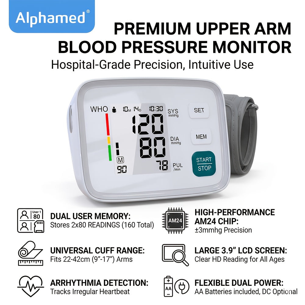 3-in-1 Upper Arm Blood Pressure Monitor with Large Display and Multi-User Memory