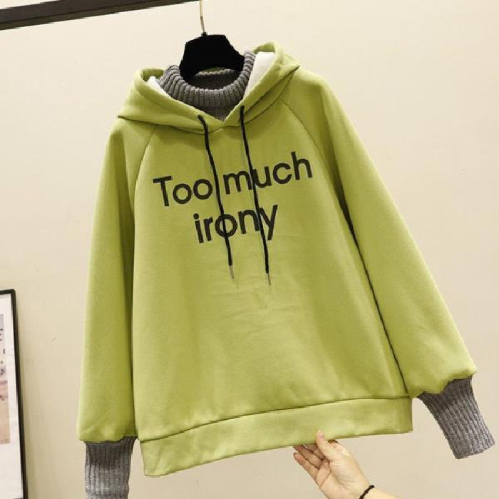 Fleece-Lined Letter Print Fake Two-Piece Hooded Sweatshirt