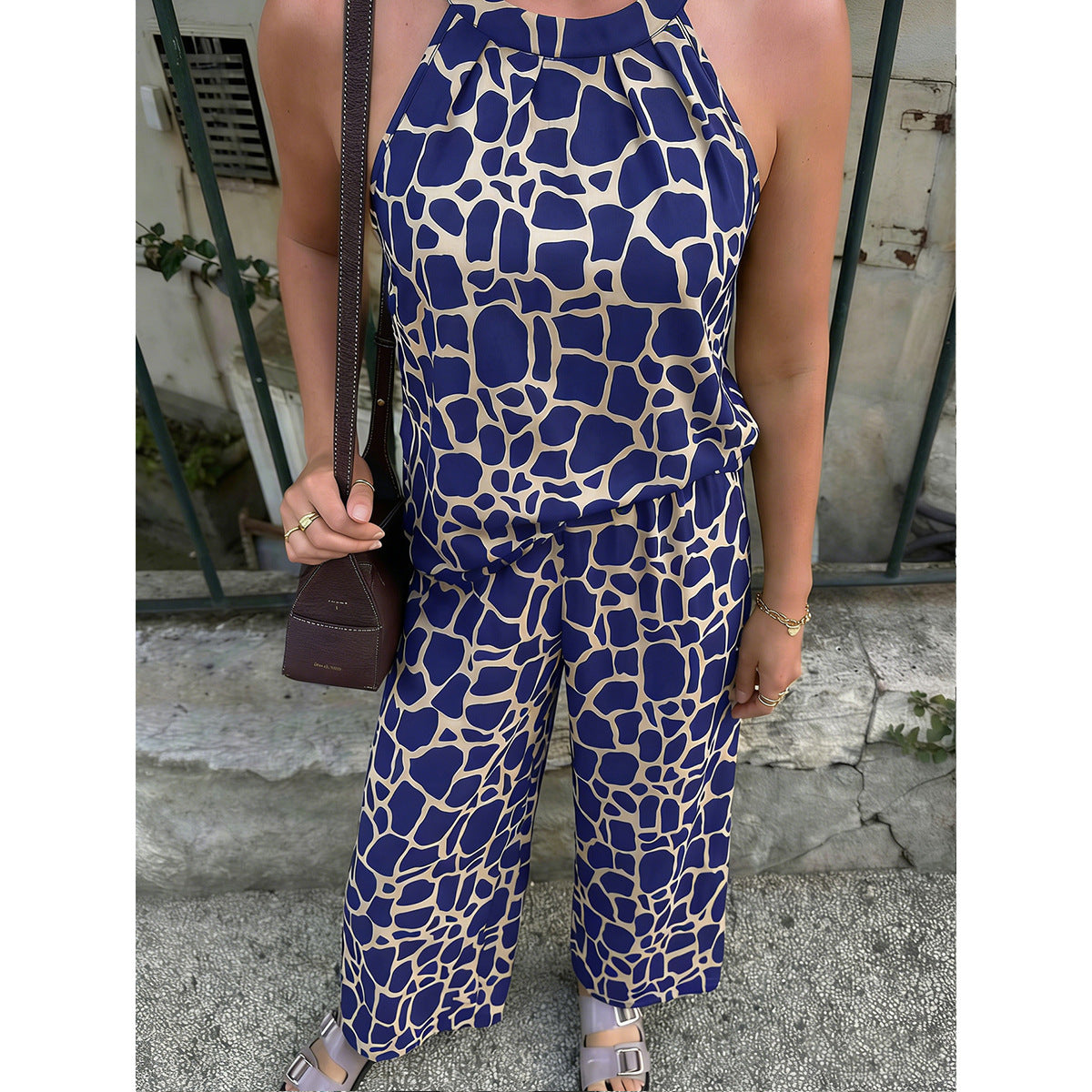 Boho Floral Print Halter Neck Loose Casual Jumpsuit