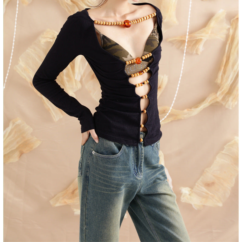 Retro Wooden Bead Slim Fit Top