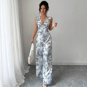 Elegant Blue & White Porcelain Print Wide-Leg Jumpsuit