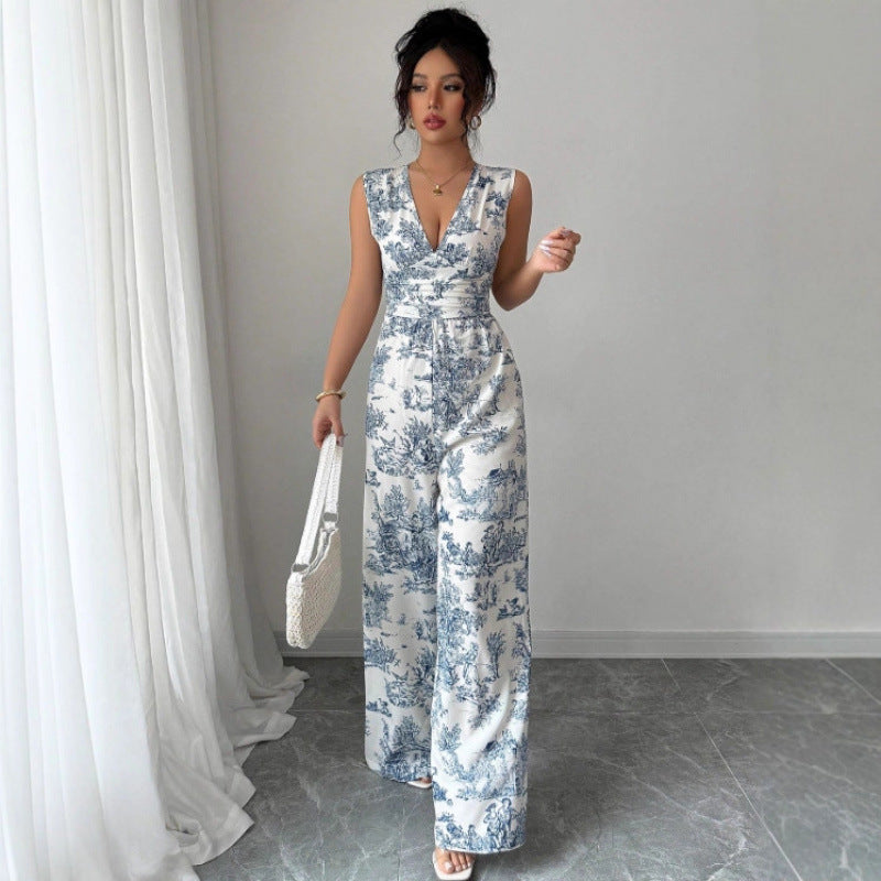 Elegant Blue & White Porcelain Print Wide-Leg Jumpsuit
