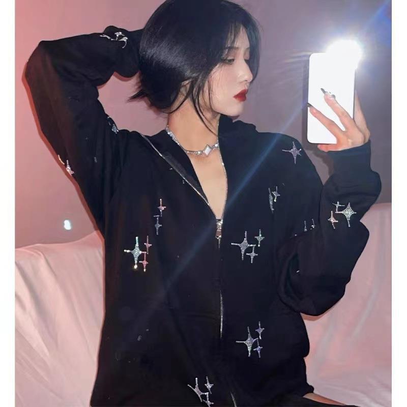 Rhinestone Zip-Up Hooded Sweater