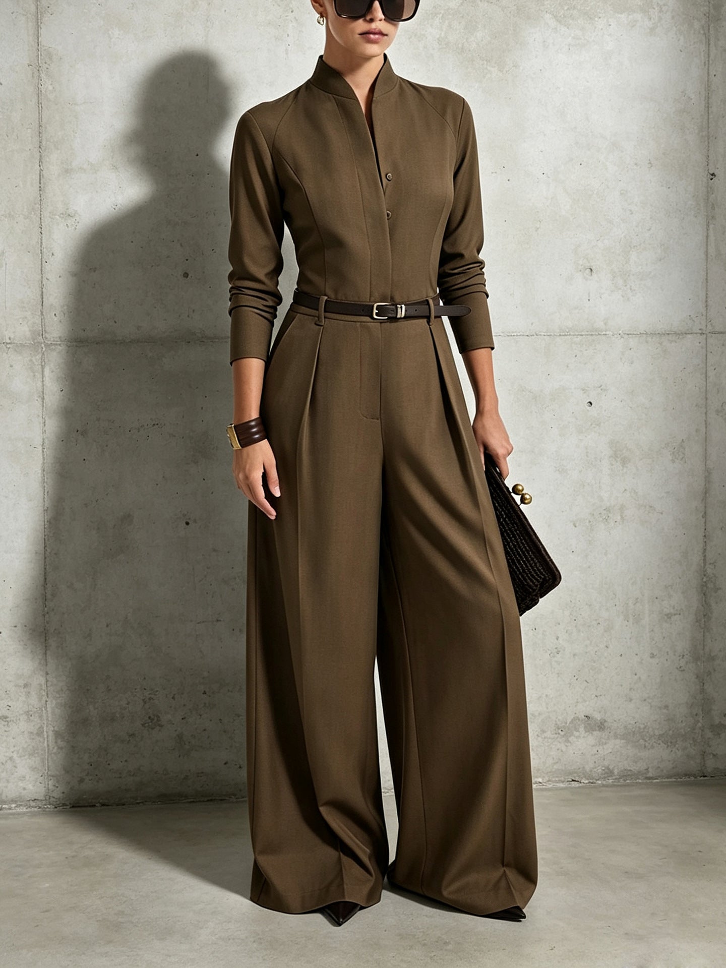 Chic Stand-Collar Long Sleeve Wide-Leg Jumpsuit