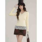 Fake Two Pieces V-neck Stitching Lace Lace Knitwear