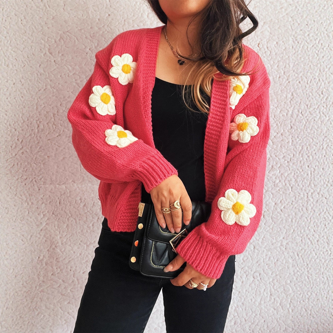 Casual Knitted V-neck Stitching Flower Cardigan Sweater