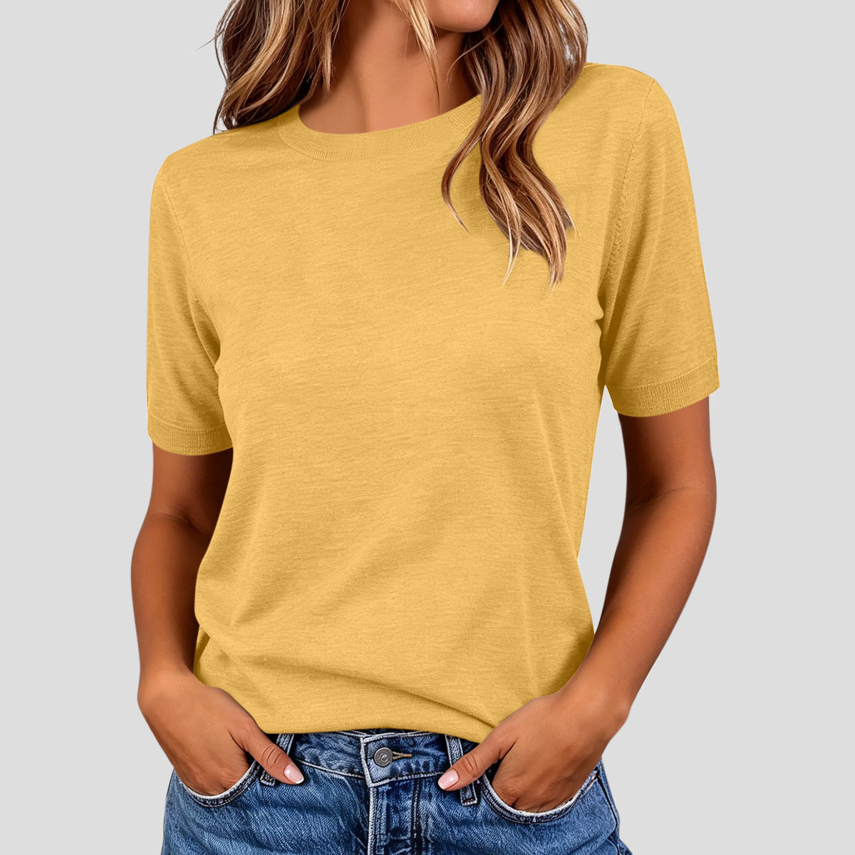 Women's Summer Lightweight Knit Short Sleeve T-shirt Solid Crewneck Loose Regular Fit Casual Versatile Top Sweater