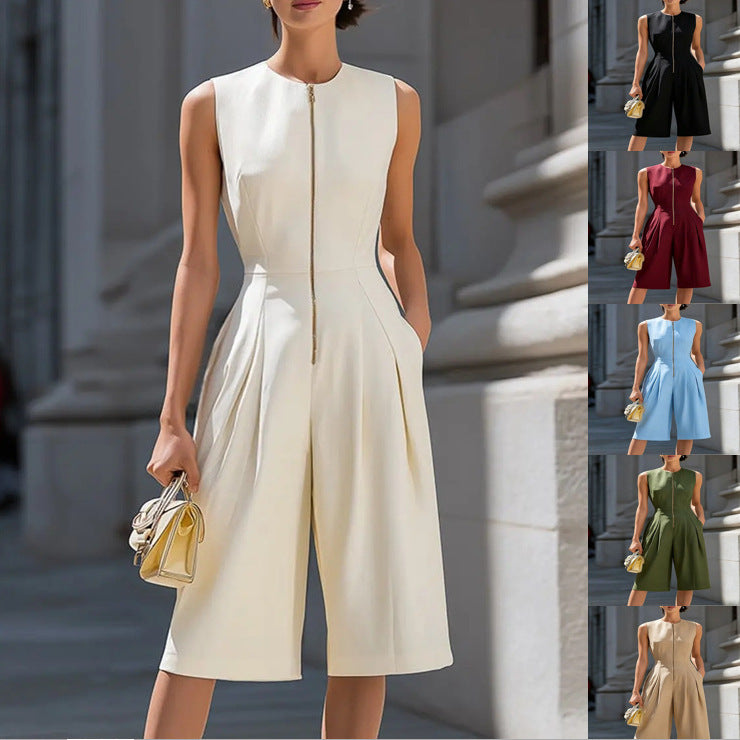 Solid-color Zip-front Crew-neck Sleeveless Wide-leg Jumpsuit