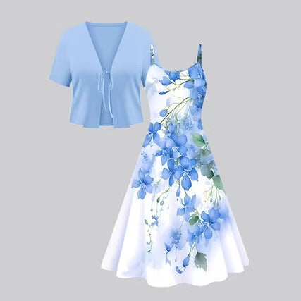 Two-piece V-neck Slip Dress with Digital Print