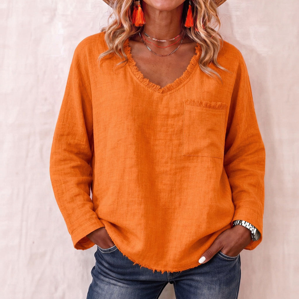 Relaxed V‑Neck Long‑Sleeve Casual Top – Loose Fit, Solid Colors