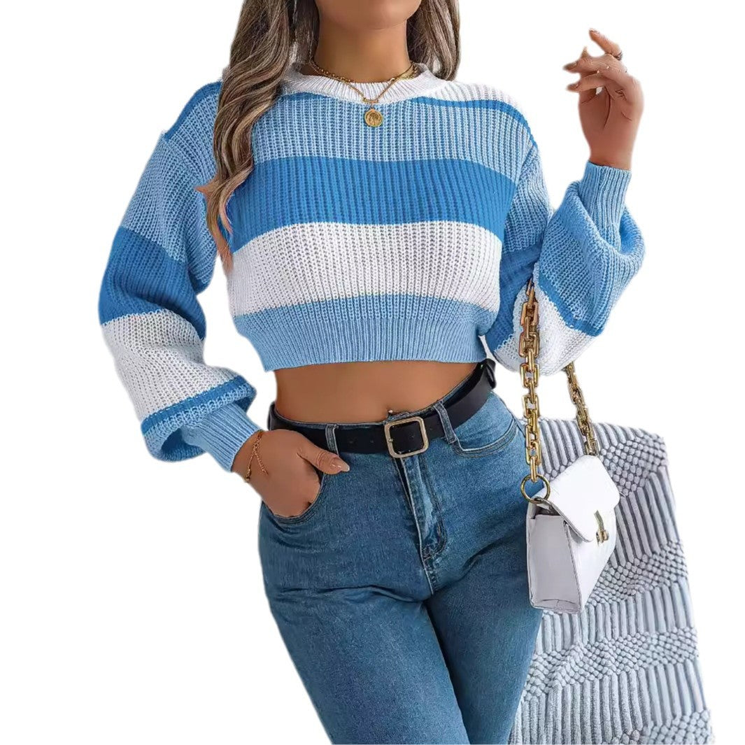 Autumn and Winter Leisure Color Matching Lantern Sleeve Pullover Midriff-baring Sweater