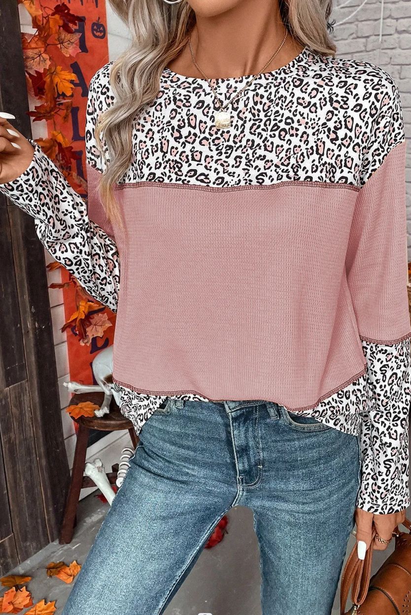 Leopard Splicing Waffle Knit Pullover Sweater