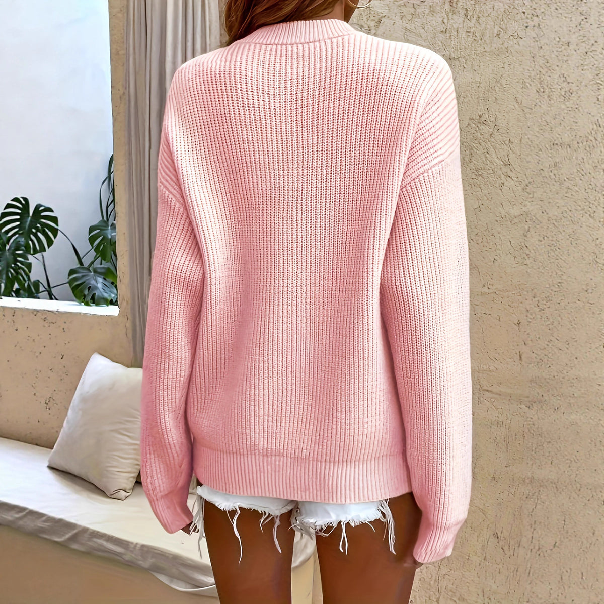 Women's Comfortable Pink Sweater with Buckle Design Casual