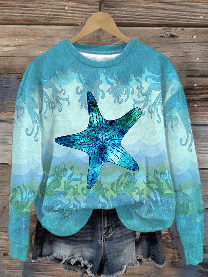Trendy Digital Print Drop-Shoulder Long-Sleeve Sweater