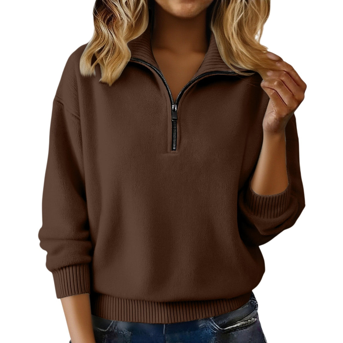 Women's Solid Color Lapel Zip Pullover Sweater, Loose 3d Casual Top for Autumn