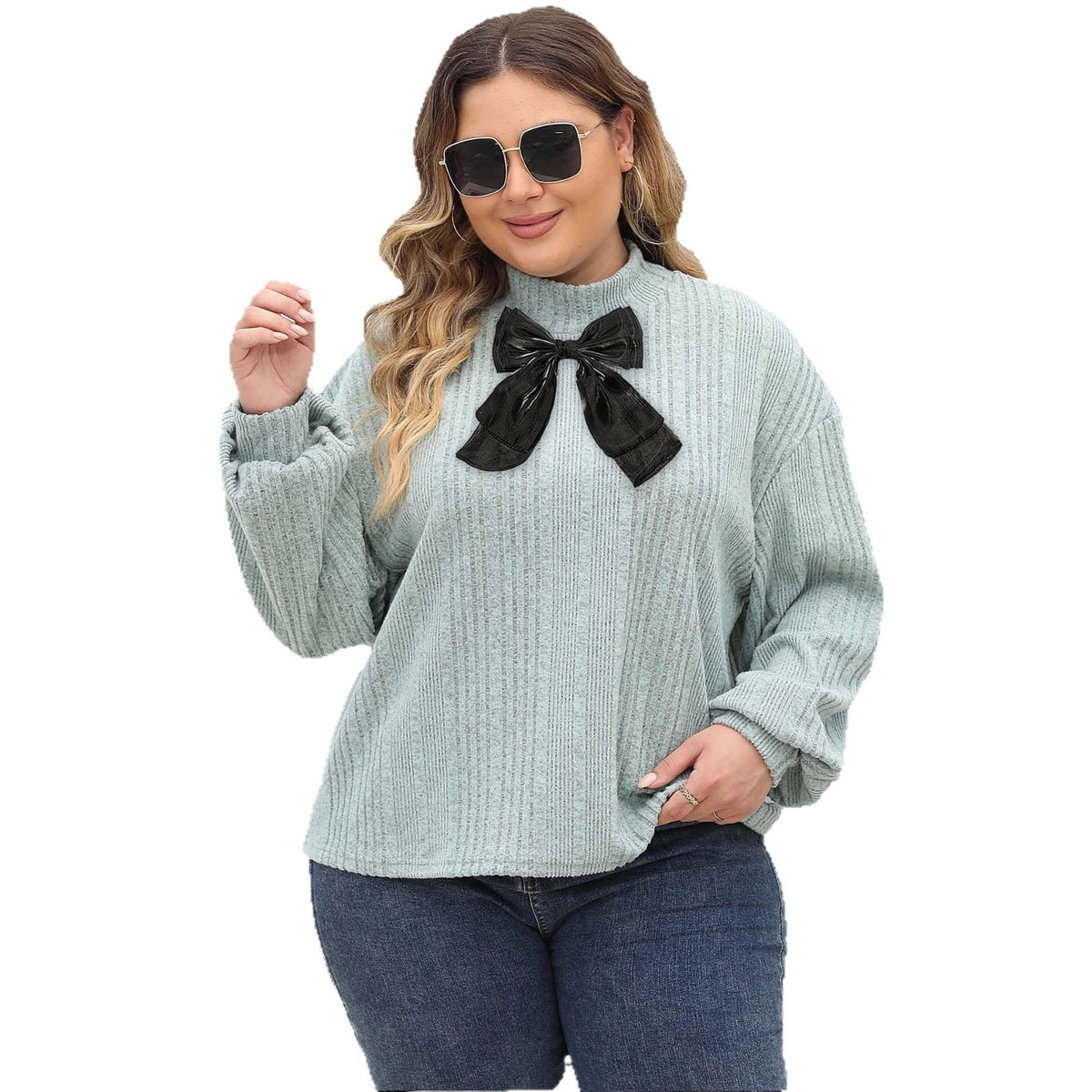 Half-high-neck T-shirt Top with Ribbon Bow Detailing and Ribbed Paneling Base Layer