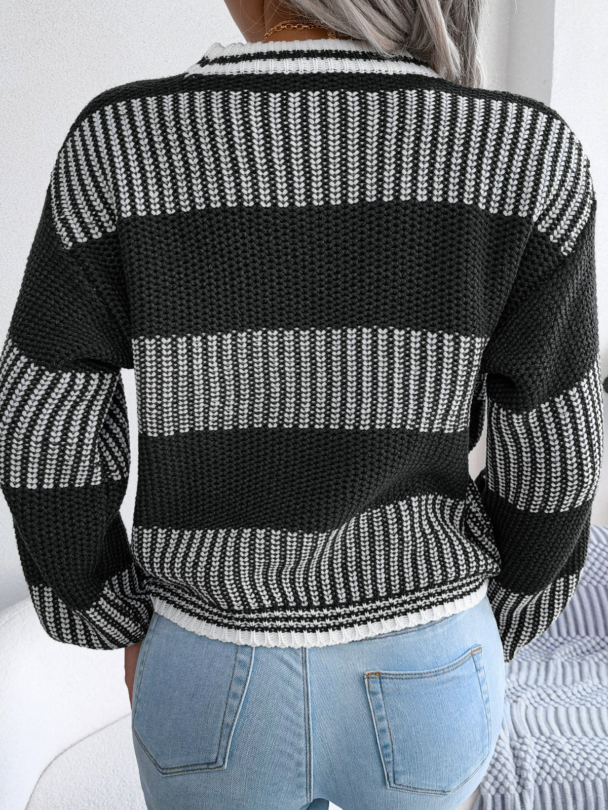 Women Casual Color Block Stripe Long Sleeve Knit Sweater