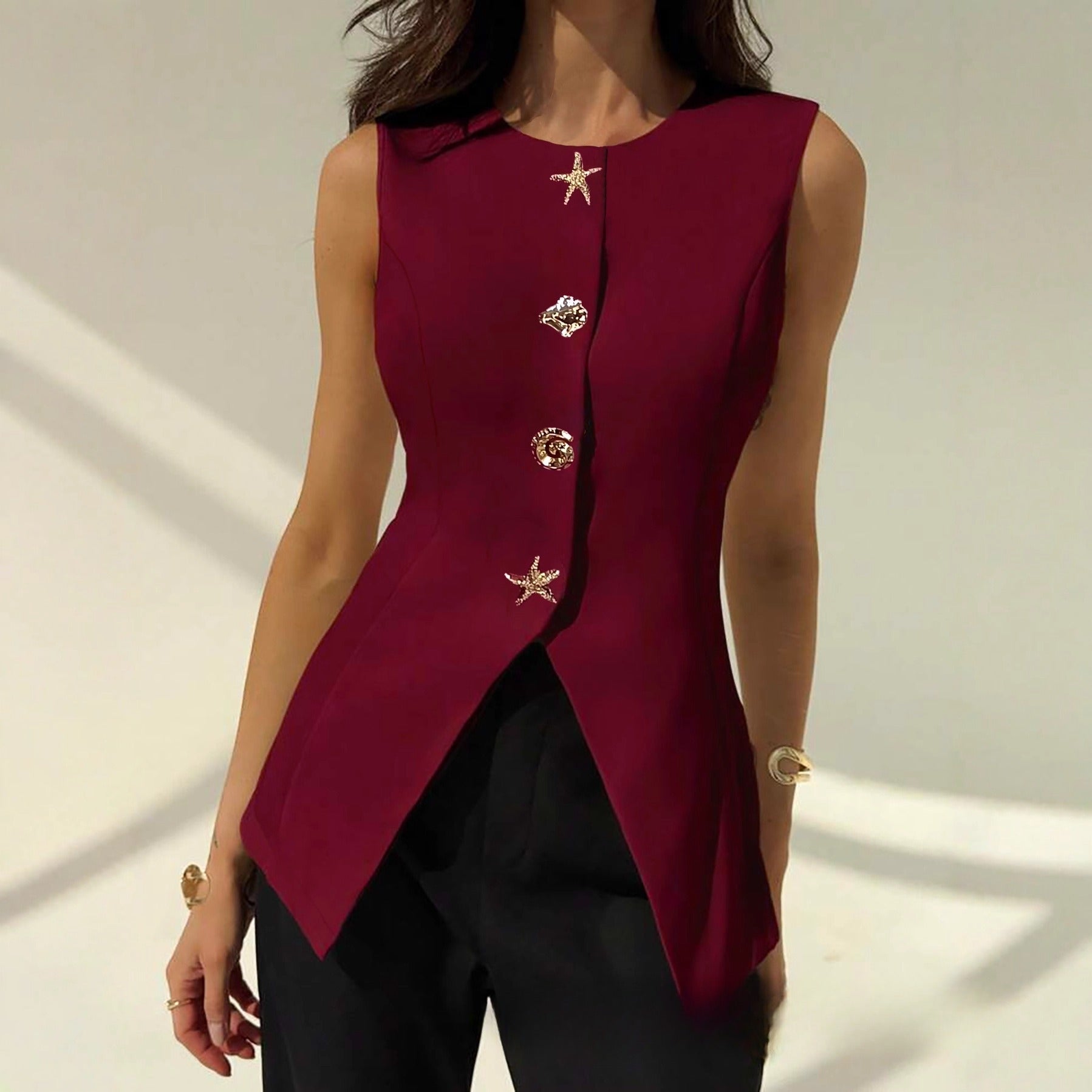Slim-Fit Sleeveless Button-Front Vest – Apricot, Wine Red, Black