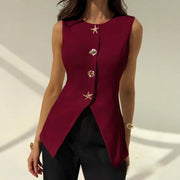 Slim-Fit Sleeveless Button-Front Vest – Apricot, Wine Red, Black