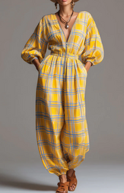 Vintage Plaid V-Neck Romper for Women