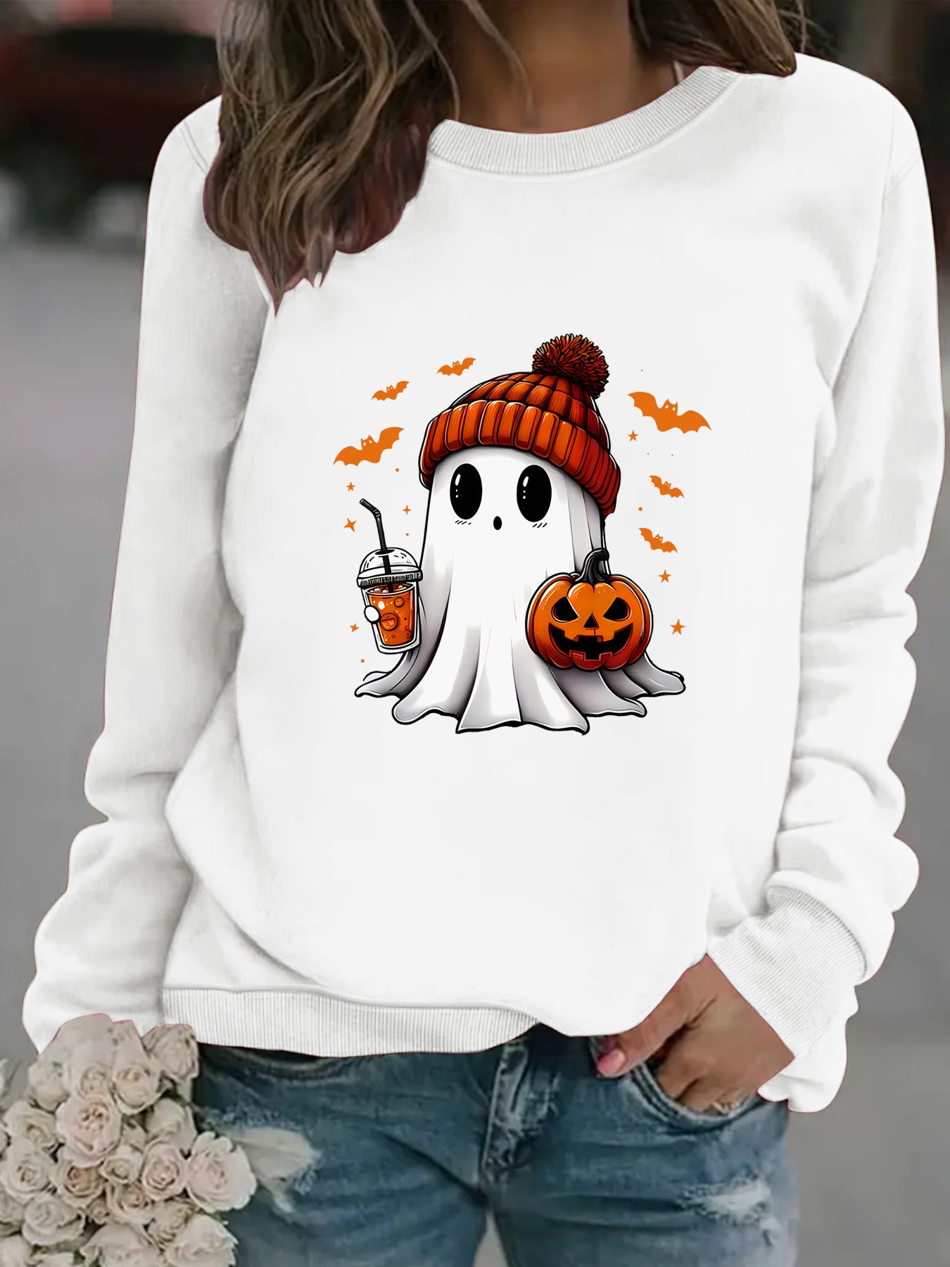 Ghost Snowman Print Crewneck Sweater