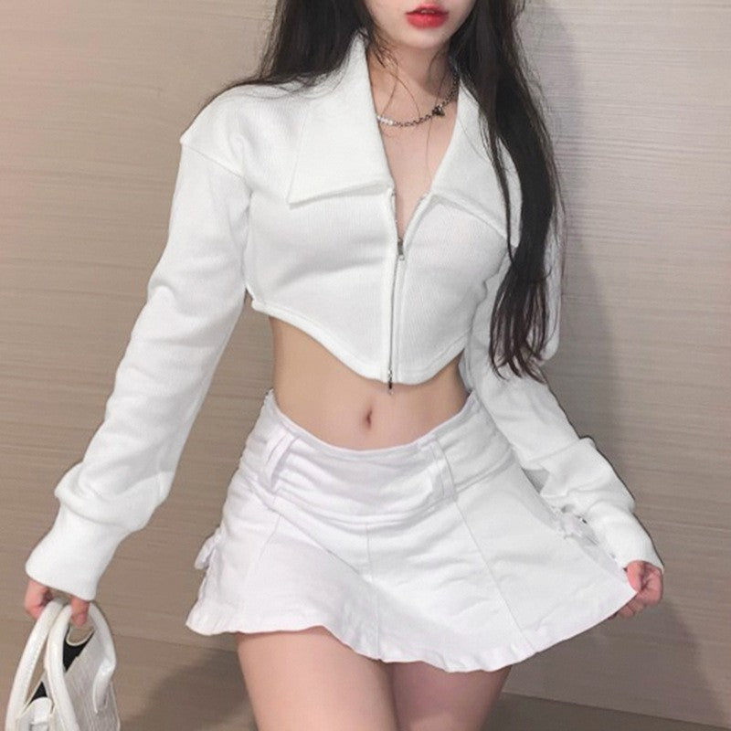 Zip-Neck Crop Cardigan Casual T-Shirt