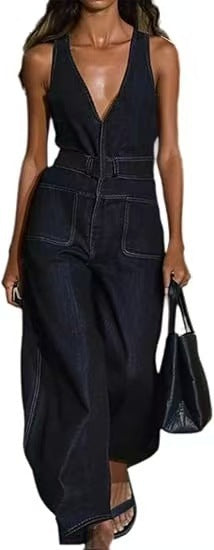 Deep-V Sleeveless Denim Wide-Leg Jumpsuit