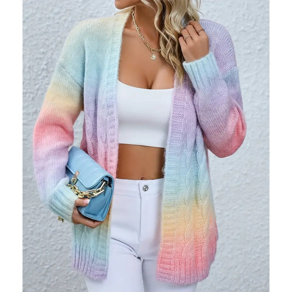 Rainbow Gradient Color Cable-knit Womens New Loose Midi Sweater