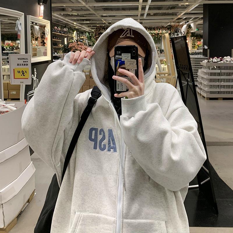 Men's Hooded Letter Cardigan Fleece-Lined Loose Sweater
